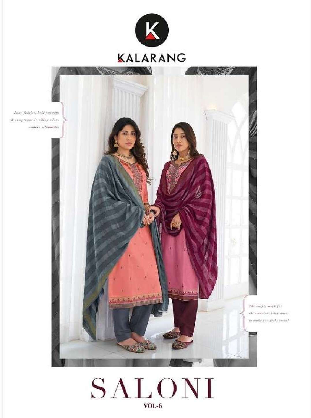 Kalarang presents saloni vol-6 jam silk cotton embroidery work salwar suit Wholesaler