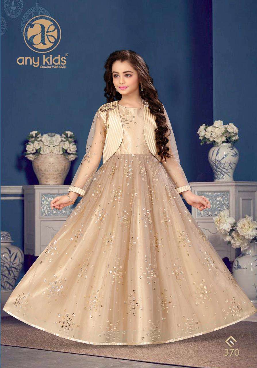 Any Kids Presents D.No.370 beautiful Designer Kidswear Butterfly Net Work Gown jacket collection Wholesaler In Surat