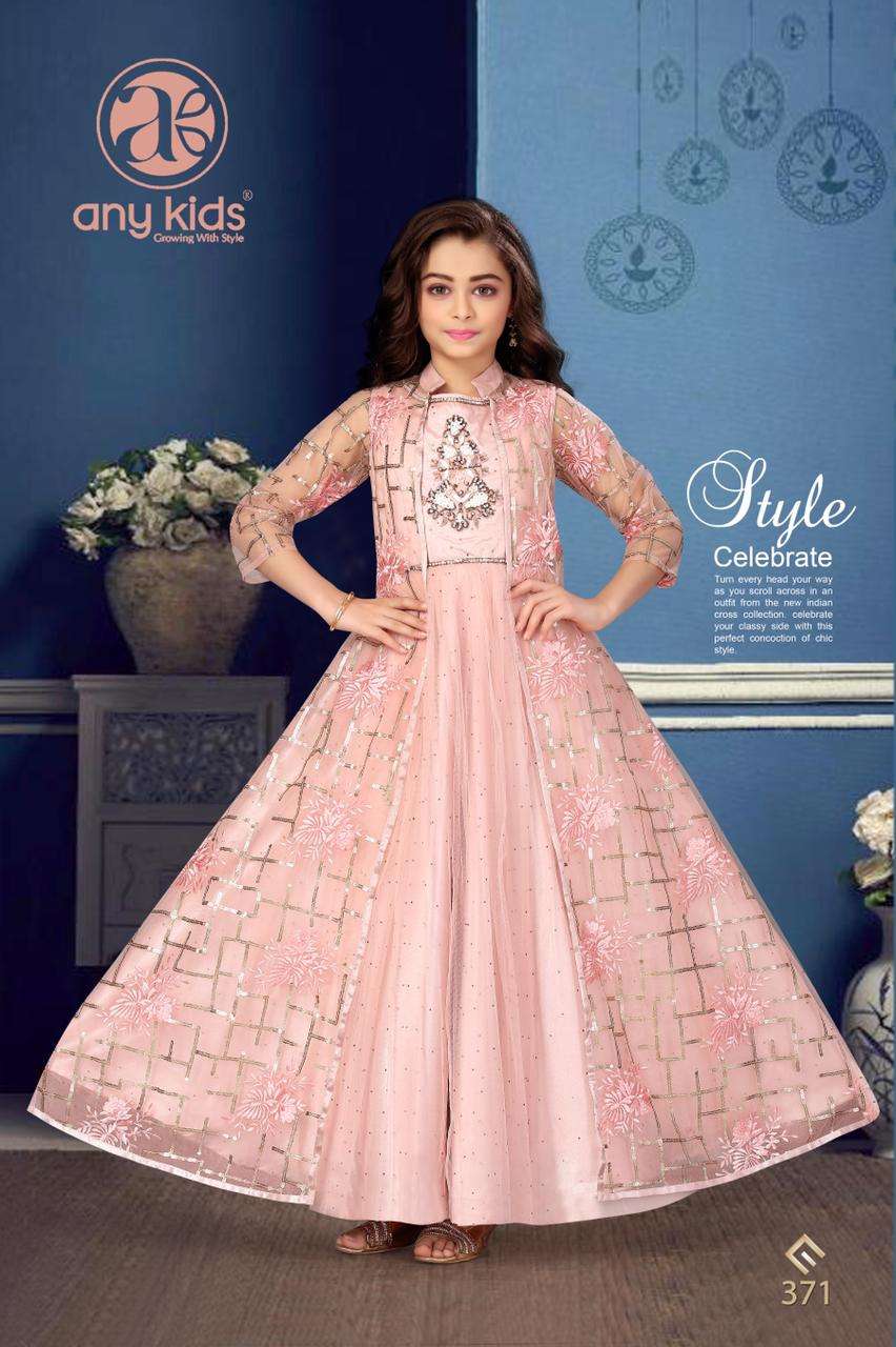 Any Kids Presents D.No.371 beautiful Designer Kidswear Butterfly Net and hand Work Gown collection Wholesaler In Surat