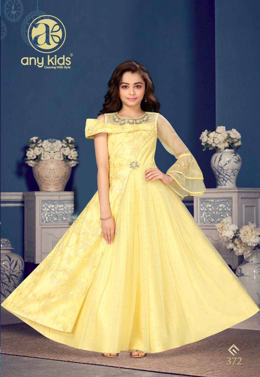 Any Kids Presents D.No.372 Designer yellow colour Kids wear Butterfly Net with satin silk and handwork Gown Catalog Wholesaler In Surat