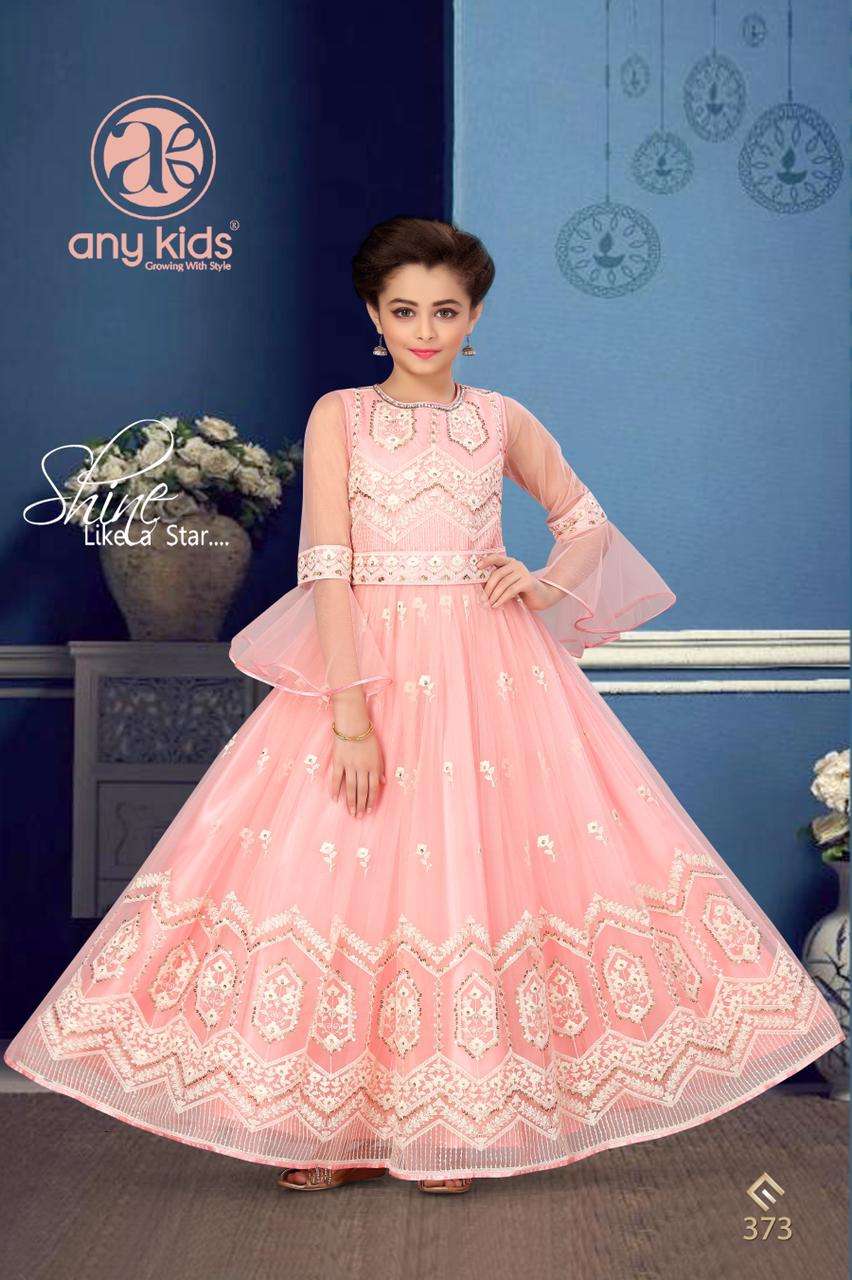 Any Kids Presents D.No.373 Designer butterfly net with embroidery work and handwork kidswear gown collection at wholesale price in surat