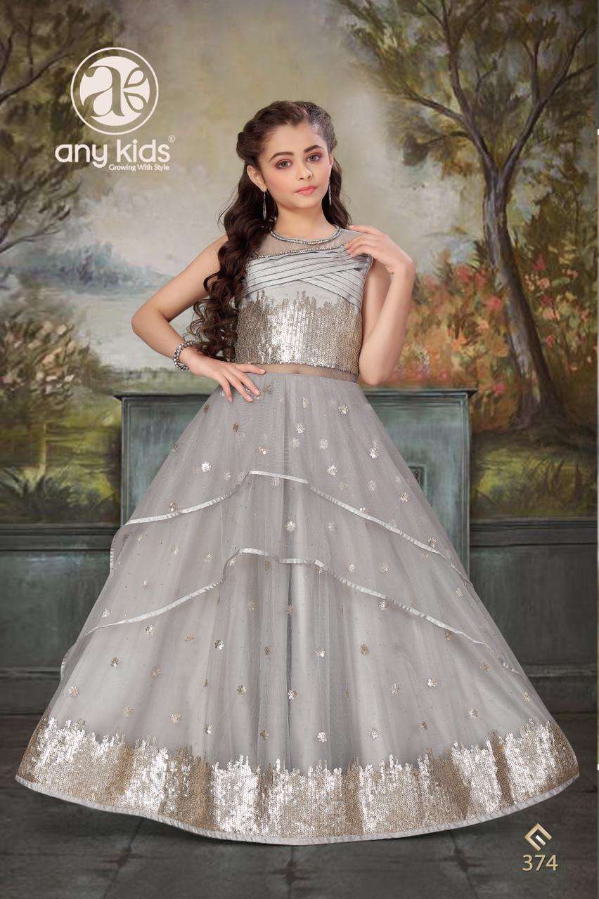 Any Kids Presents D.No.374 Exclusive Designer Butterfly Net With Embroidery And Handwork Kidwear Gown Catalog Wholesaler In Surat
