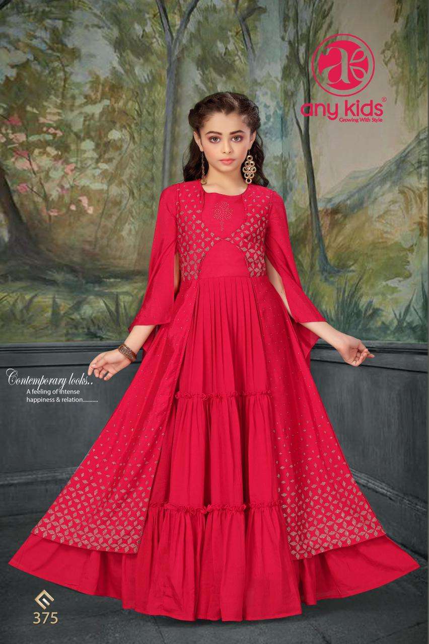 Any Kids Presents D.No.375 beautiful designer red colour chinon chiffon silk with Handwork Kidwear Gown Catalog Wholesaler In Surat