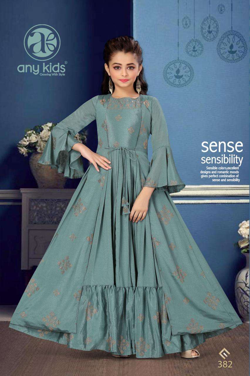 Any Kids Presents D.No.382 Exclusive Designer Chinon Chiffon Silk with embroidery and handwork kidswear Gown Catalog Wholesaler In Surat