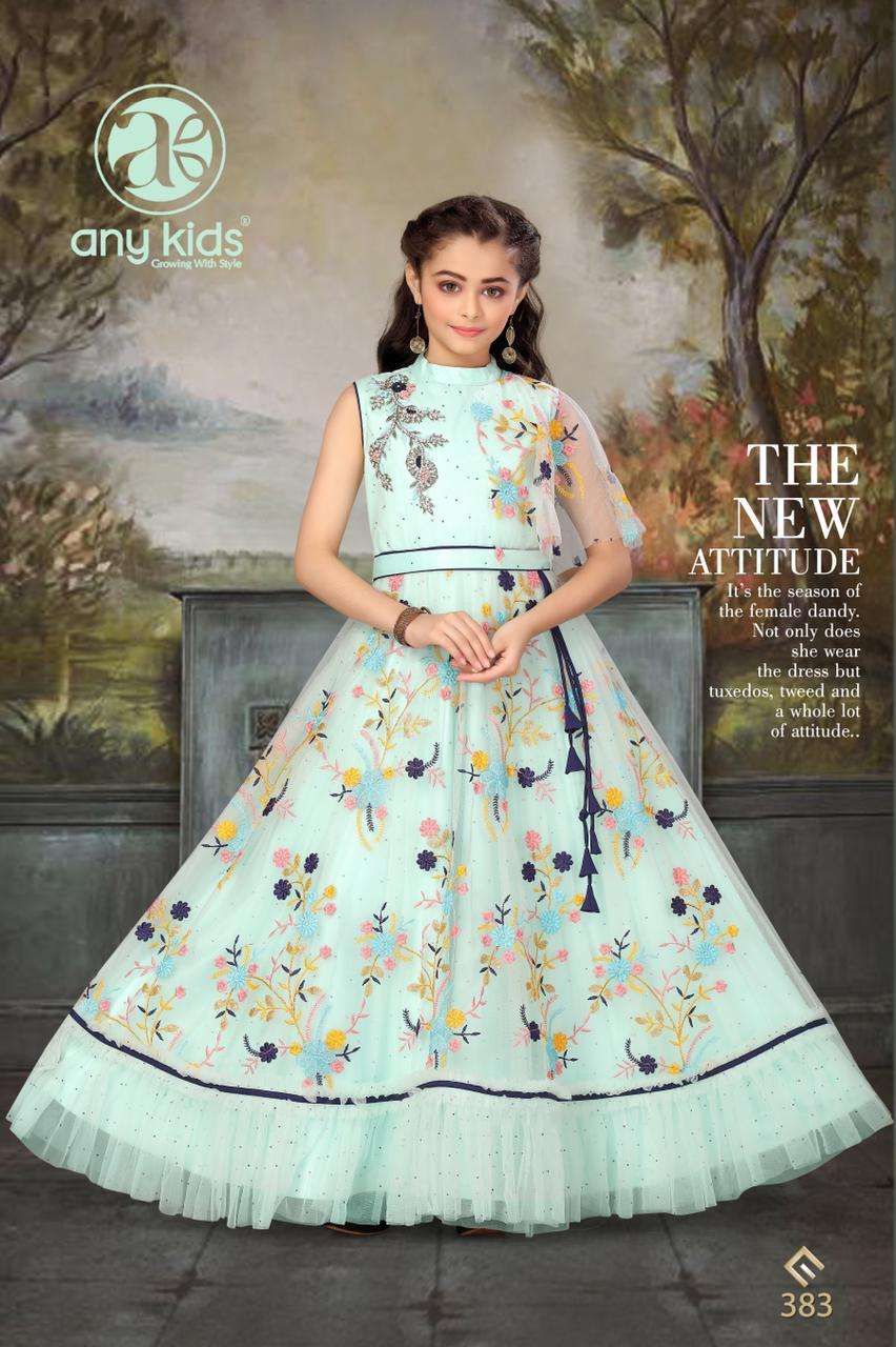 Any Kids Presents D.No.383 Exclusive Designer Butterfly Net with embroidery and handwork kidswear Gown Catalog Wholesaler In Surat