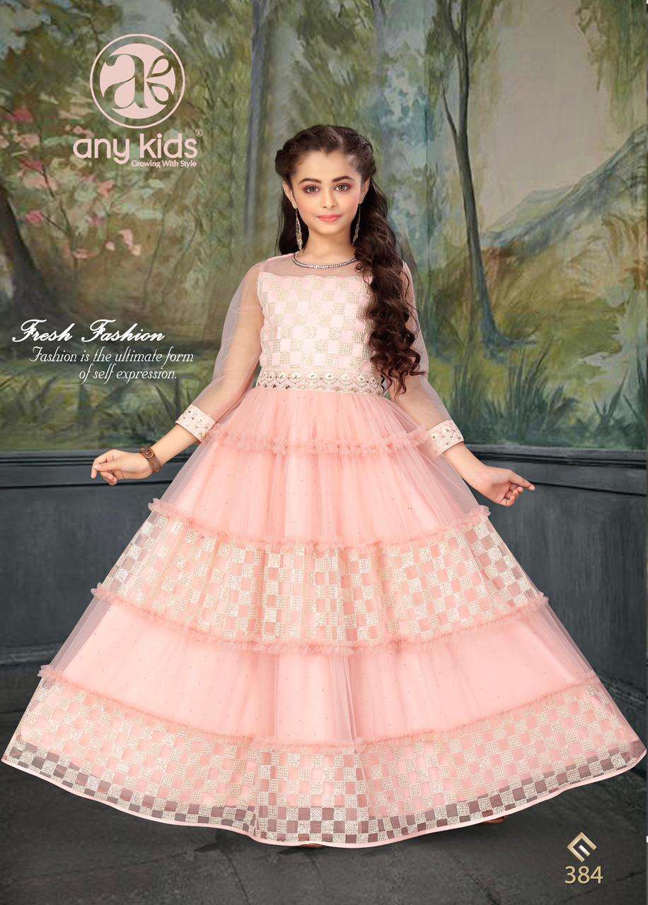 Any Kids Presents D.No.384 Exclusive Designer Butterfly Net with embroidery and handwork kidswear Gown Catalog Wholesaler In Surat