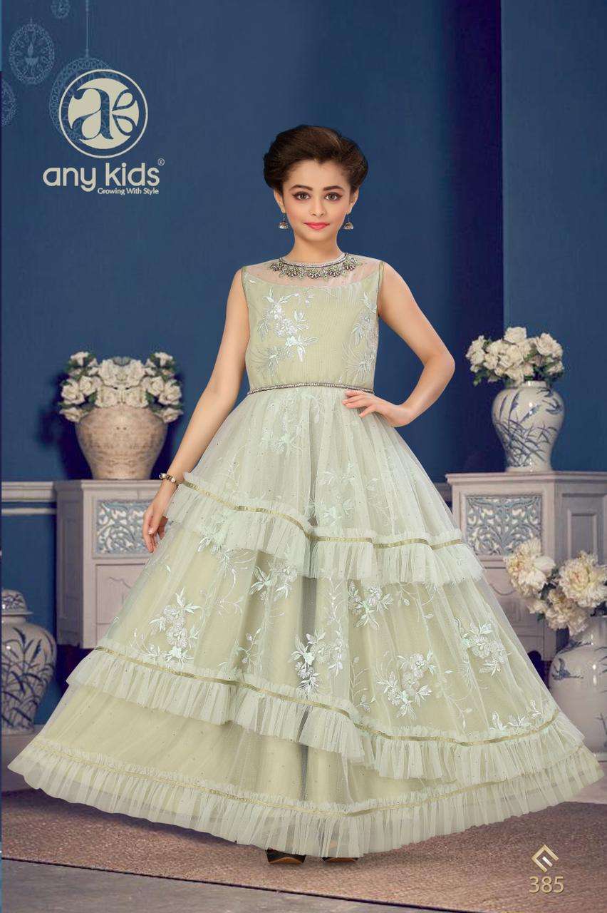 Any Kids Presents D.No.385 Exclusive Designer Butterfly Net with embroidery and handwork kidswear Gown Catalog Wholesaler In Surat
