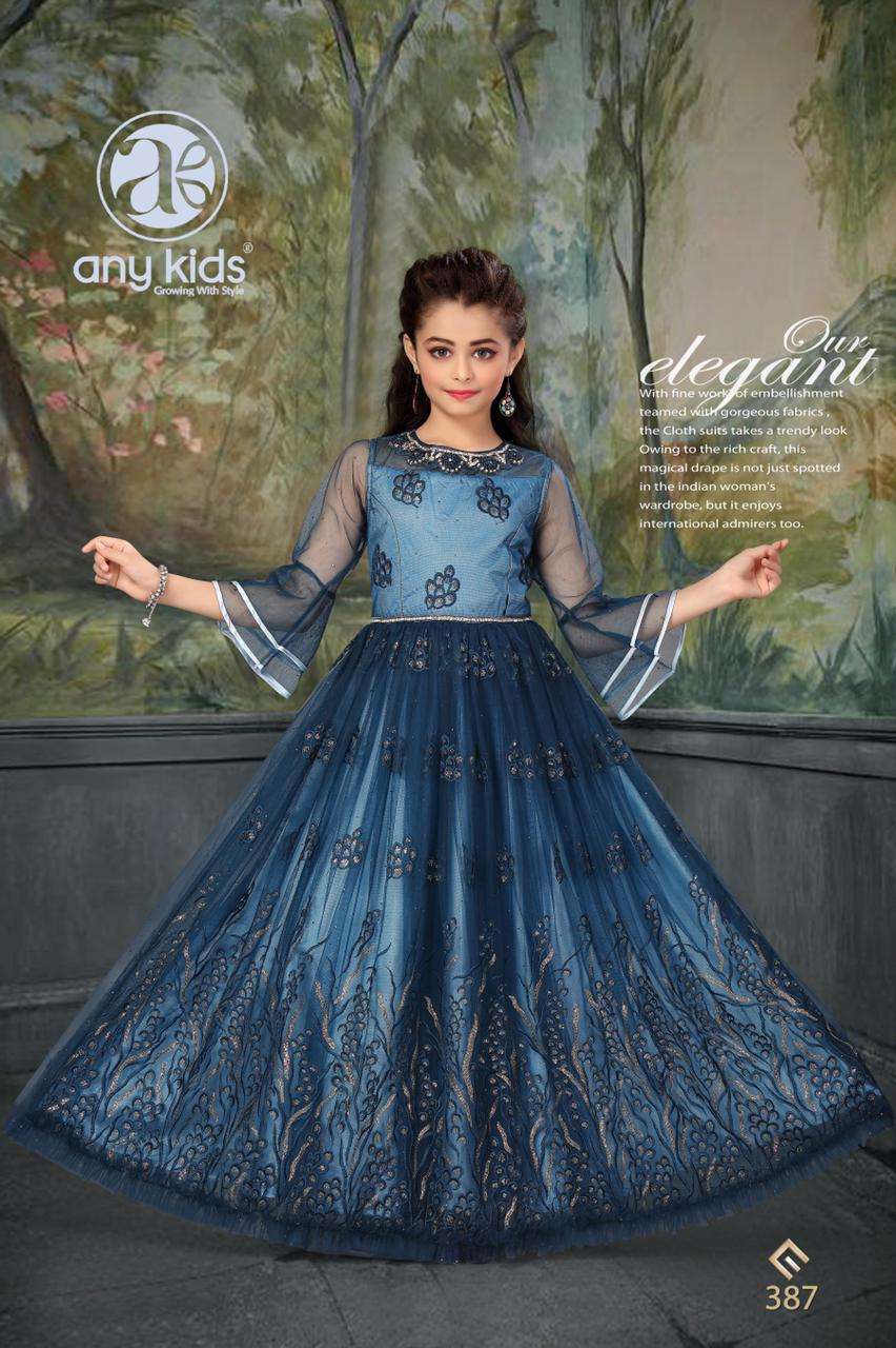 Any Kids Presents D.No.387 Exclusive Designer Butterfly Net with embroidery and handwork kidwear Gown Catalog Wholesaler In Surat