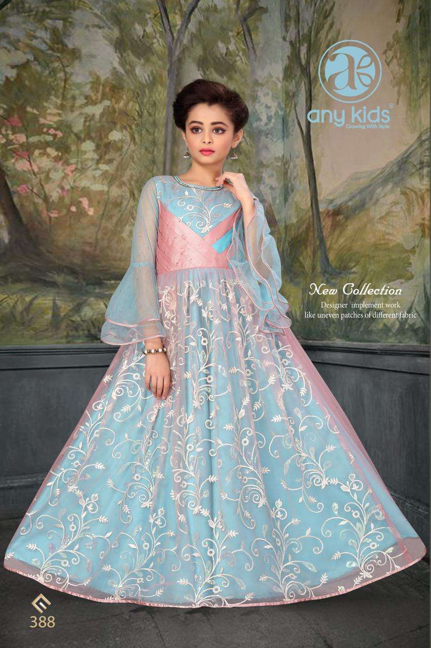 Any Kids Presents D.No.388 Exclusive Designer Butterfly Net with embroidery and handwork kidwear Gown Catalog Wholesaler In Surat