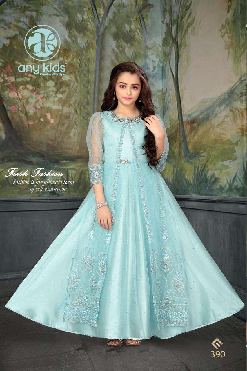 Any Kids Presents D.No.390 Exclusive Designer Butterfly Net with embroidery and handwork kidwear Gown Catalog Wholesaler In Surat