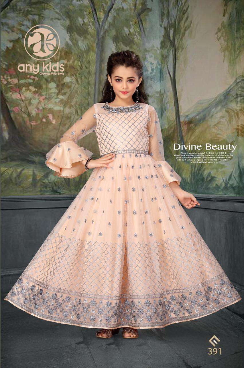 Any Kids Presents D.No.391 Exclusive Designer Butterfly Net with embroidery and handwork kidwear Gown Catalog Wholesaler In Surat