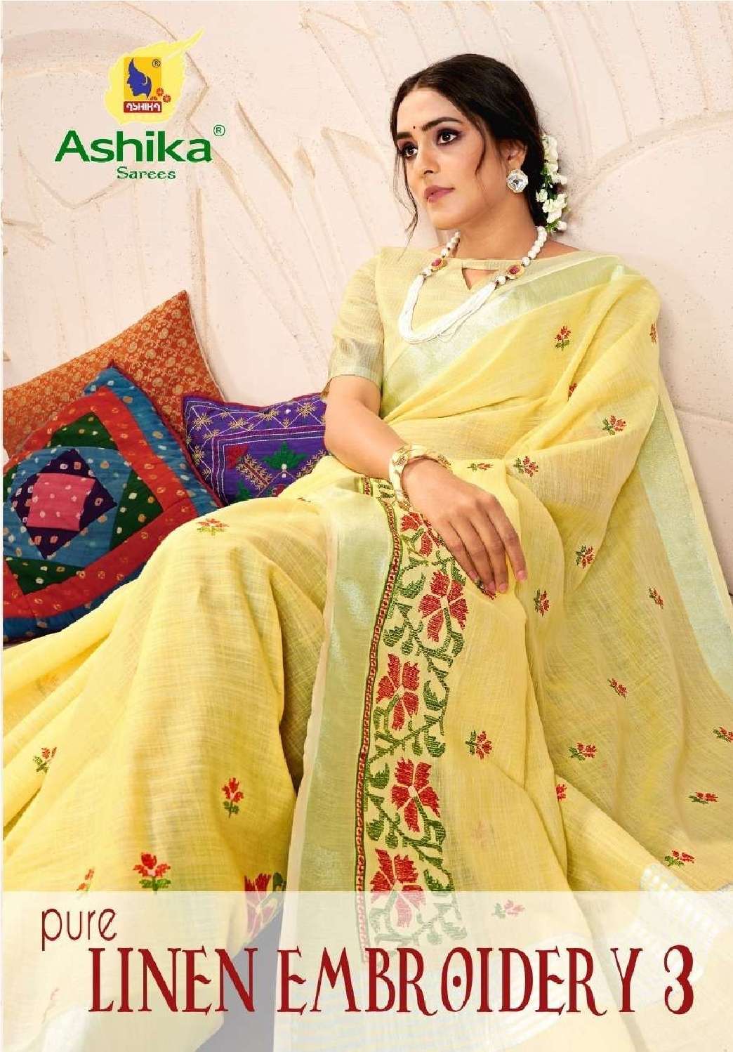Ashika sarees presents pure linen embroidery vol-3 summer waer special embroidery work sarees catalog wholesaler and exporters 