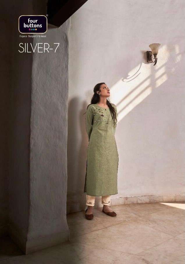 Four buttons presents silver vol-7 designer Kurtis cataloge with pant cataloge Wholesaler