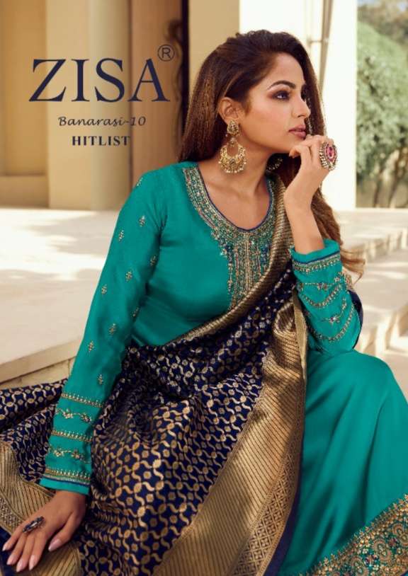 Meera Trendz Presents Zisa Banarasi Vol-10 hit listSatin Georgette Straight Salwar Suit Wholesaler