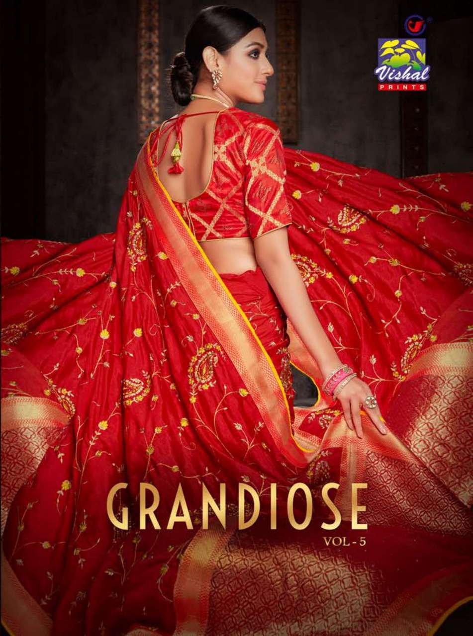 Vishal presents grandiose vol-5 heavy work party wear designer sarees catalog wholesaler 