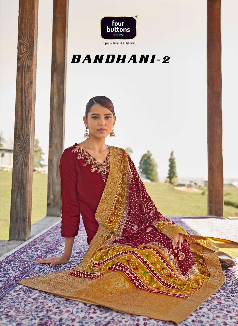Four buttons presents bandhani vol-2 viscose silk designer kurtis with pant and dupatta collection 