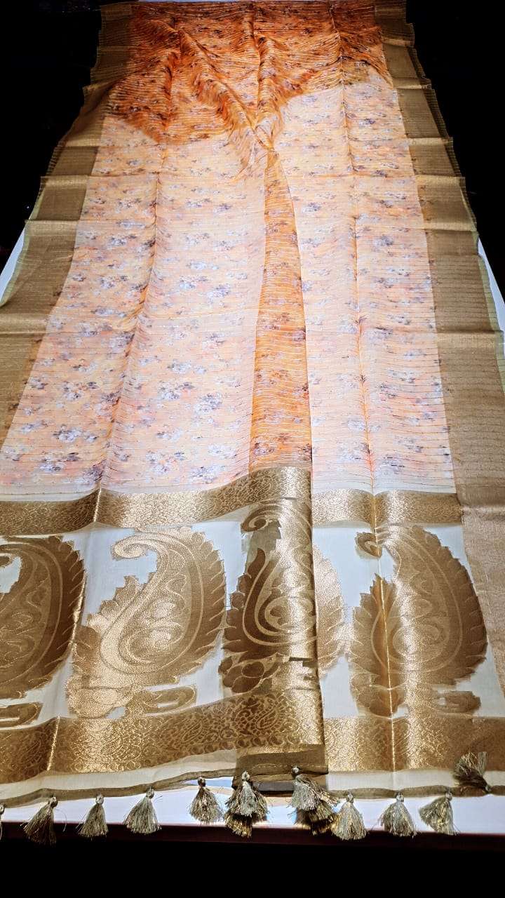 Maniyar presents Frontline Pure organza with kanchi border and rich pallu with allover sequence and digital print sarees wholesaler and exporters