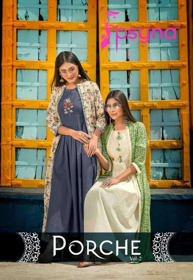 Psyna presents porche vol-2 rayon long gown style kurtis with shrug collection 
