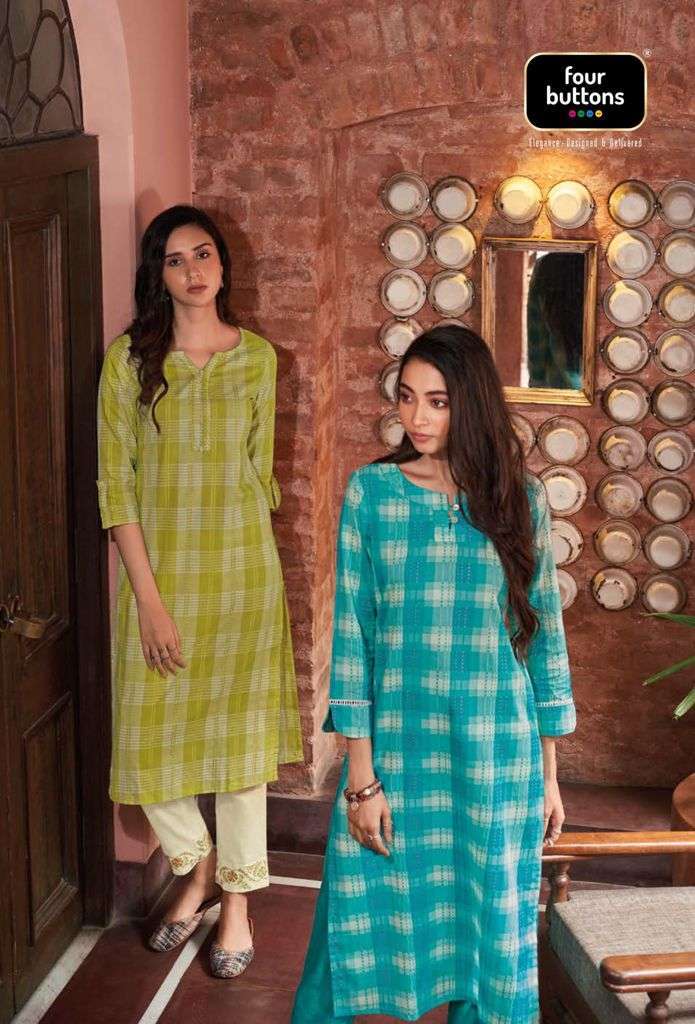 Four buttons presents arsh cotton wowen checks kurtis with pant and dupatta collection 