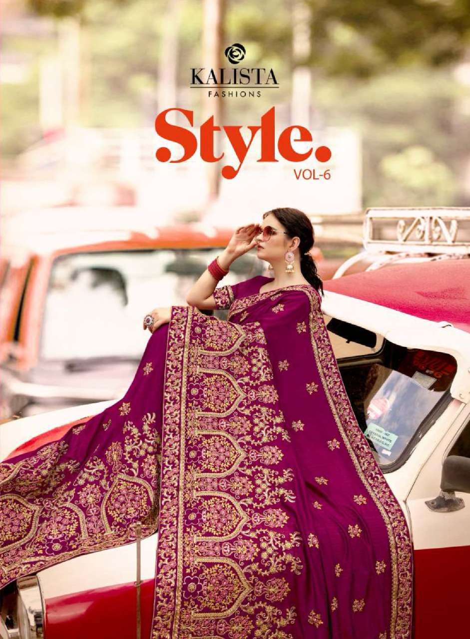 Kalista presents style vol-6 vichitra silk embroidery work sarees catalog wholesaler 