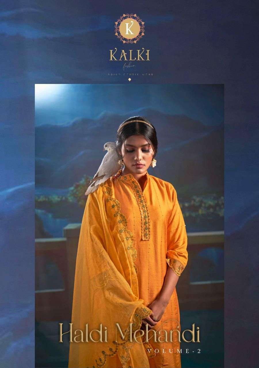 Kalki fashion presents haldi-mahandi vol-2 viscose silk embroidery work kurtis with pant and dupatta collection 
