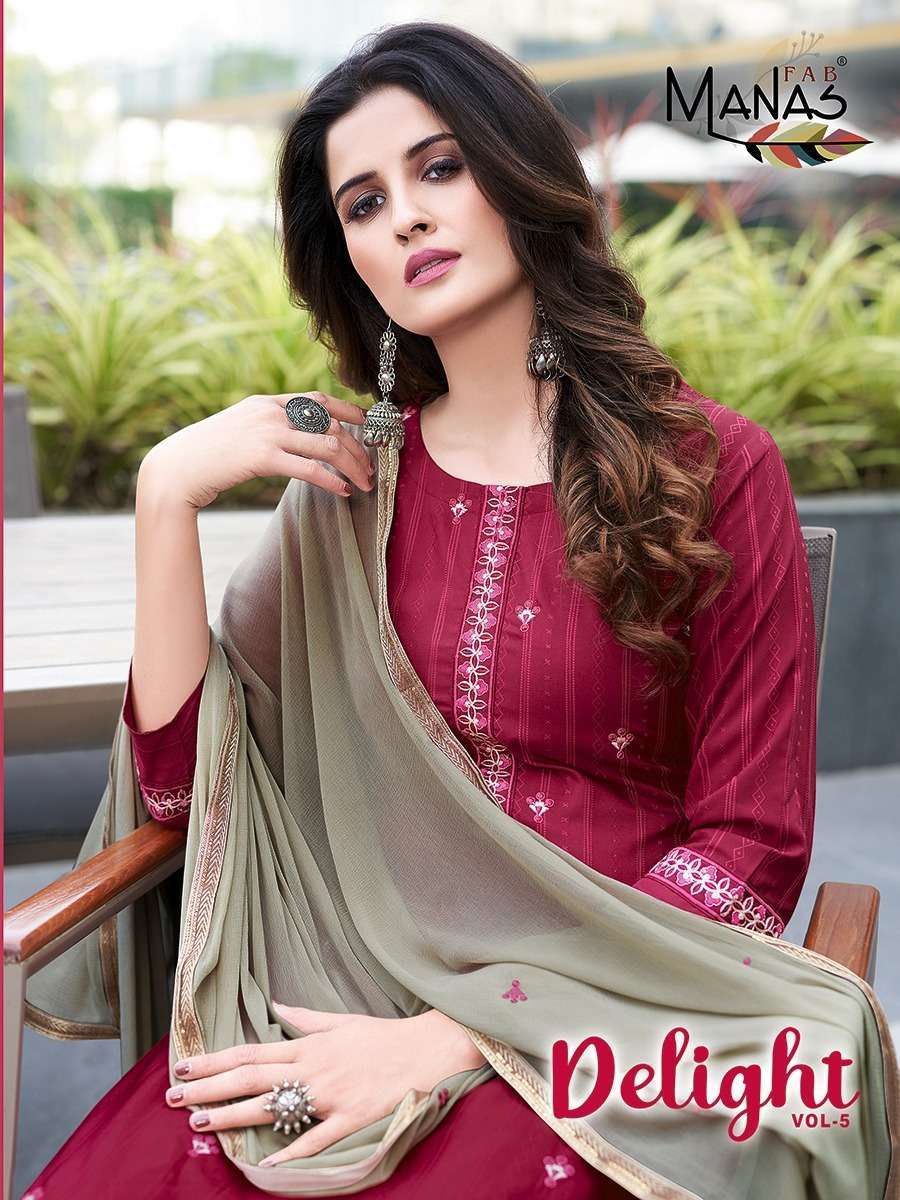 Manas presents delight vol-5 chinon dobby silk kurtis with pant and dupatta collection 