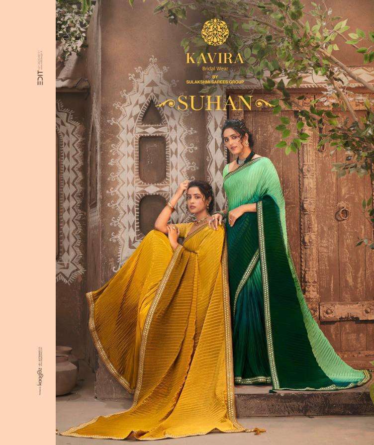 Kavira presents Suhan chinon crush fancy designer sarees catalog wholesaler 