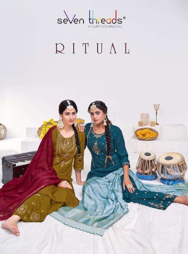 Seven threads presents Ritual viscose silk designer kurtis with plazzo and dupatta collection 