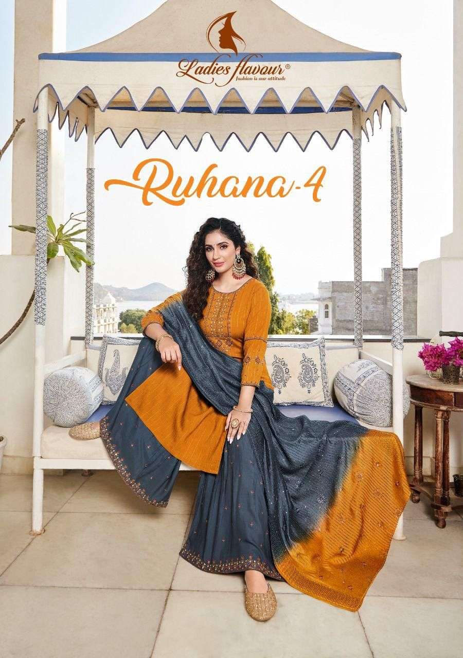 Ladies flavour presents ruhana vol-4 viscose embroidery work kurtis with sharara and dupatta collection 