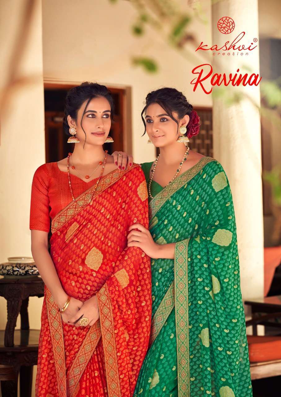 Kashvi creation presents Ravina chiffon brasso printed sarees catalog wholesaler 