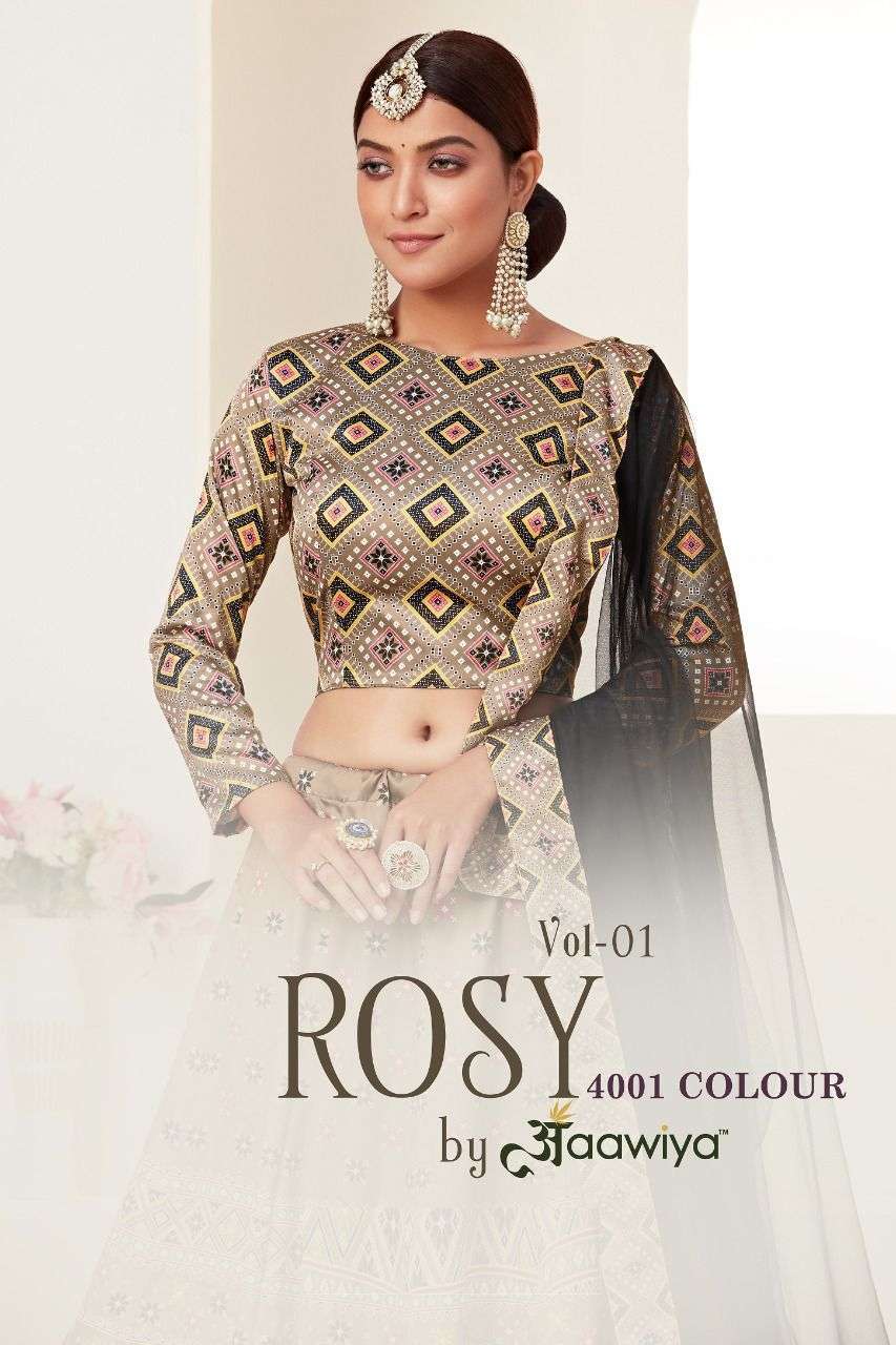 Aawiya presents Rosy 4001 colors fancy exclusive designer Lahenga choli catalog wholesaler 
