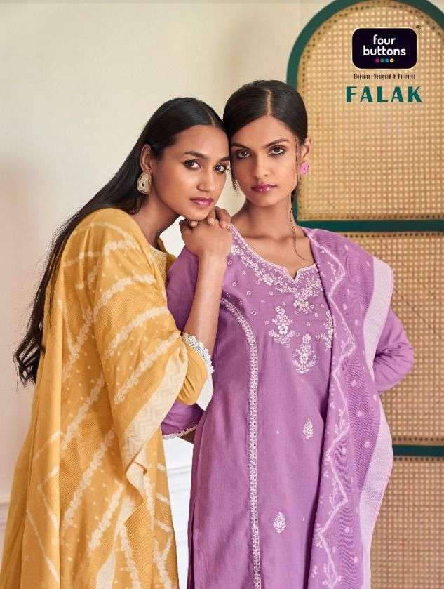 Four buttons presents Falak heavy embroidery work kurtis with pant and dupatta catalog wholesaler 