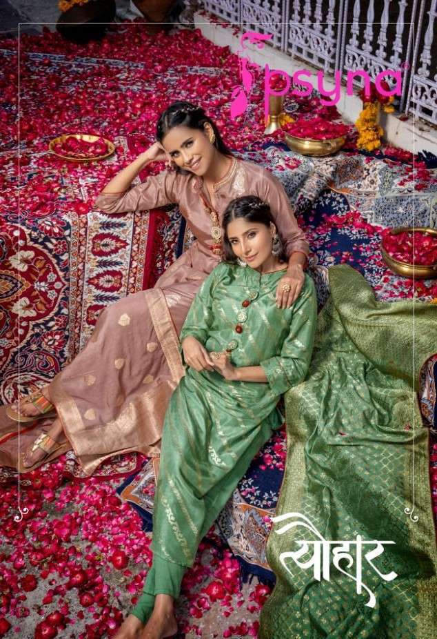 Psyna presents Tyohar vol-4 pure jacquard handwork kurtis with pant and dupatta collection 