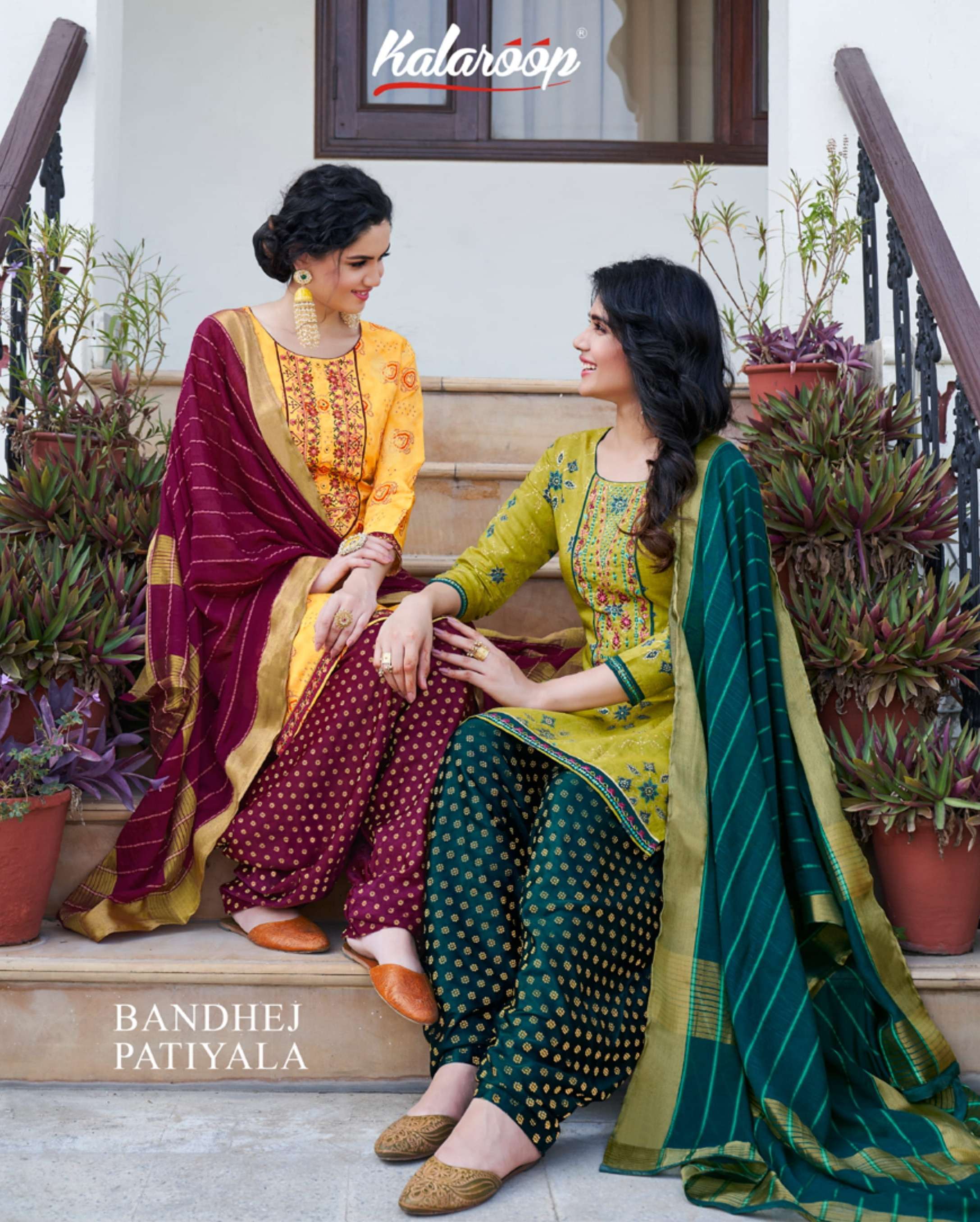 Kalaroop presents Bandhej patiyala silk kurtis with patiyala and dupatta collection 