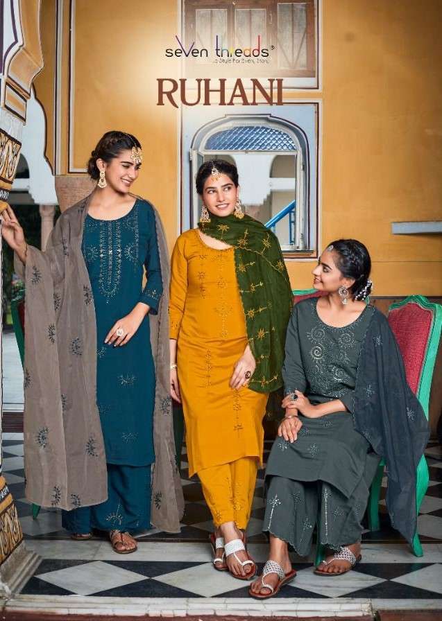 Seven threads presents Ruhani fancy silk designer kurtis with pant and dupatta collection 