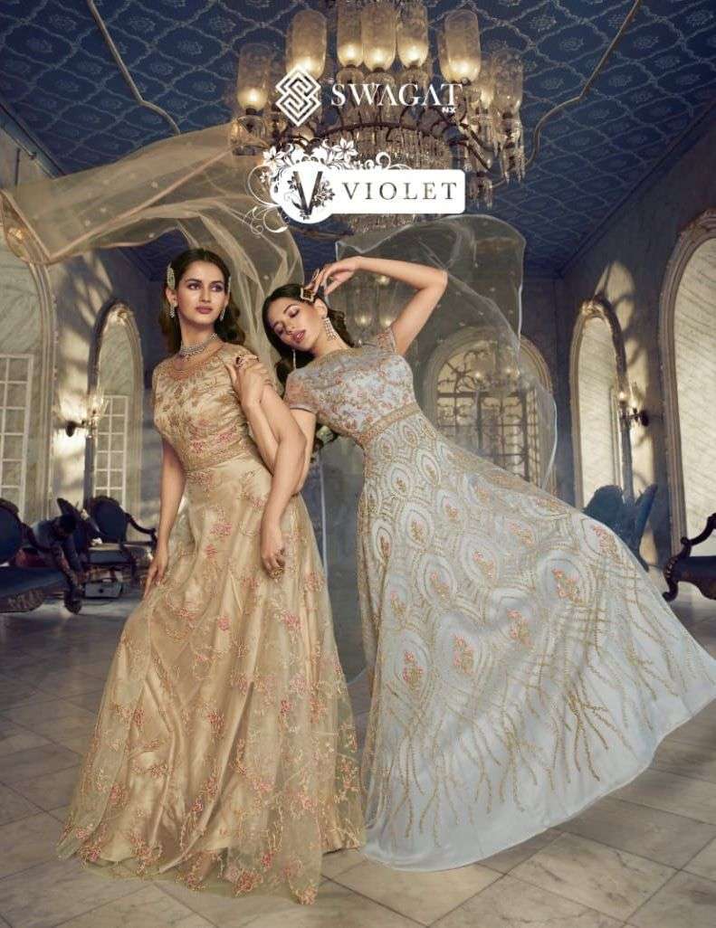 Swagat presents violet 5401 to 5408 series butterfly net exclusive designer party wear gown collection 