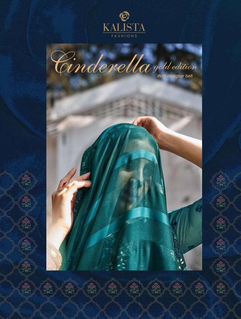 Kalista presents Cinderella gold edition satin organza designer sarees catalog wholesaler 