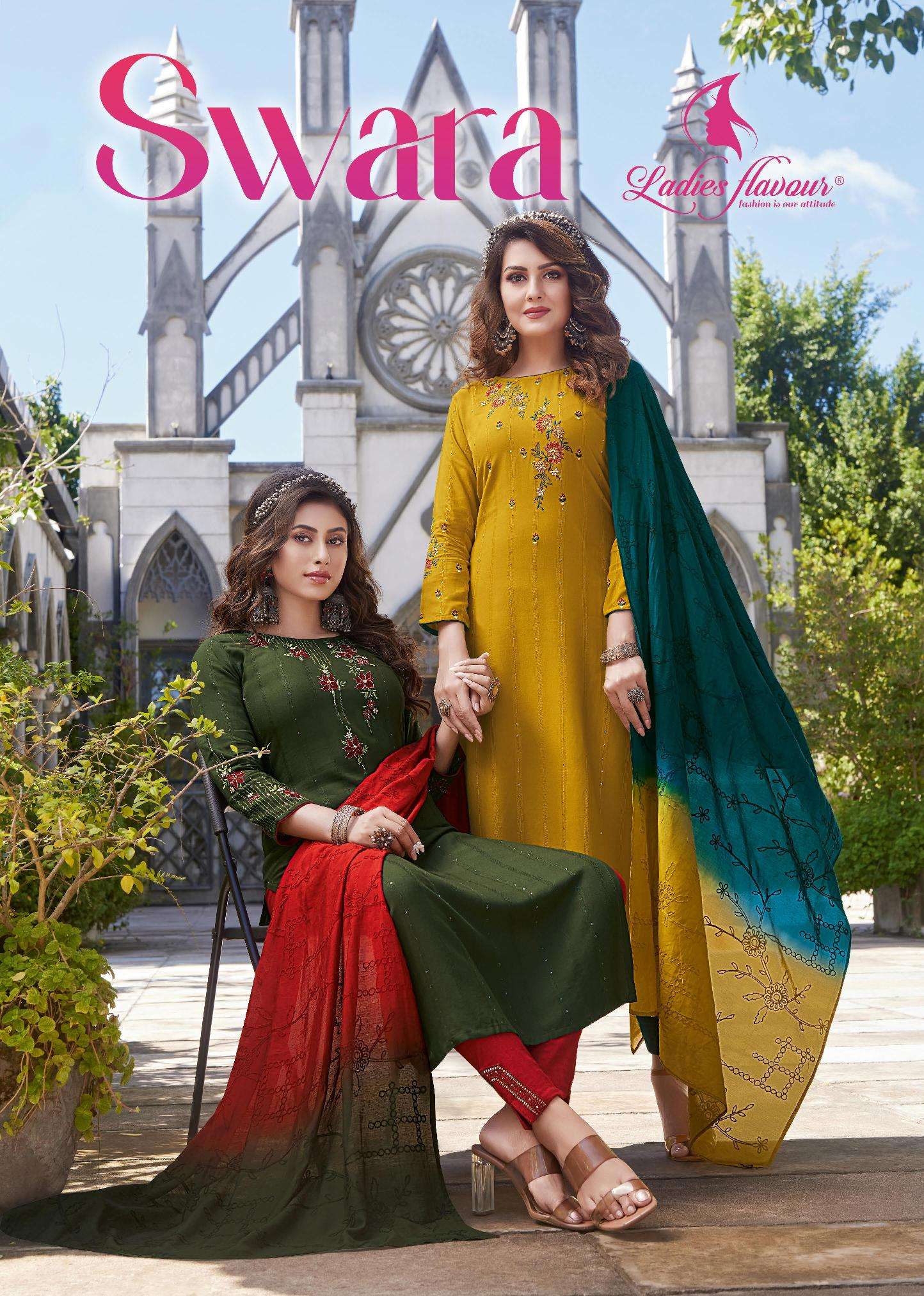Ladies Flavour Presents swara Pure Viscose With Sequence weaving with Heavy Embroidery Work kurtis with pents and dupatta collection in wholesale rate in surat
