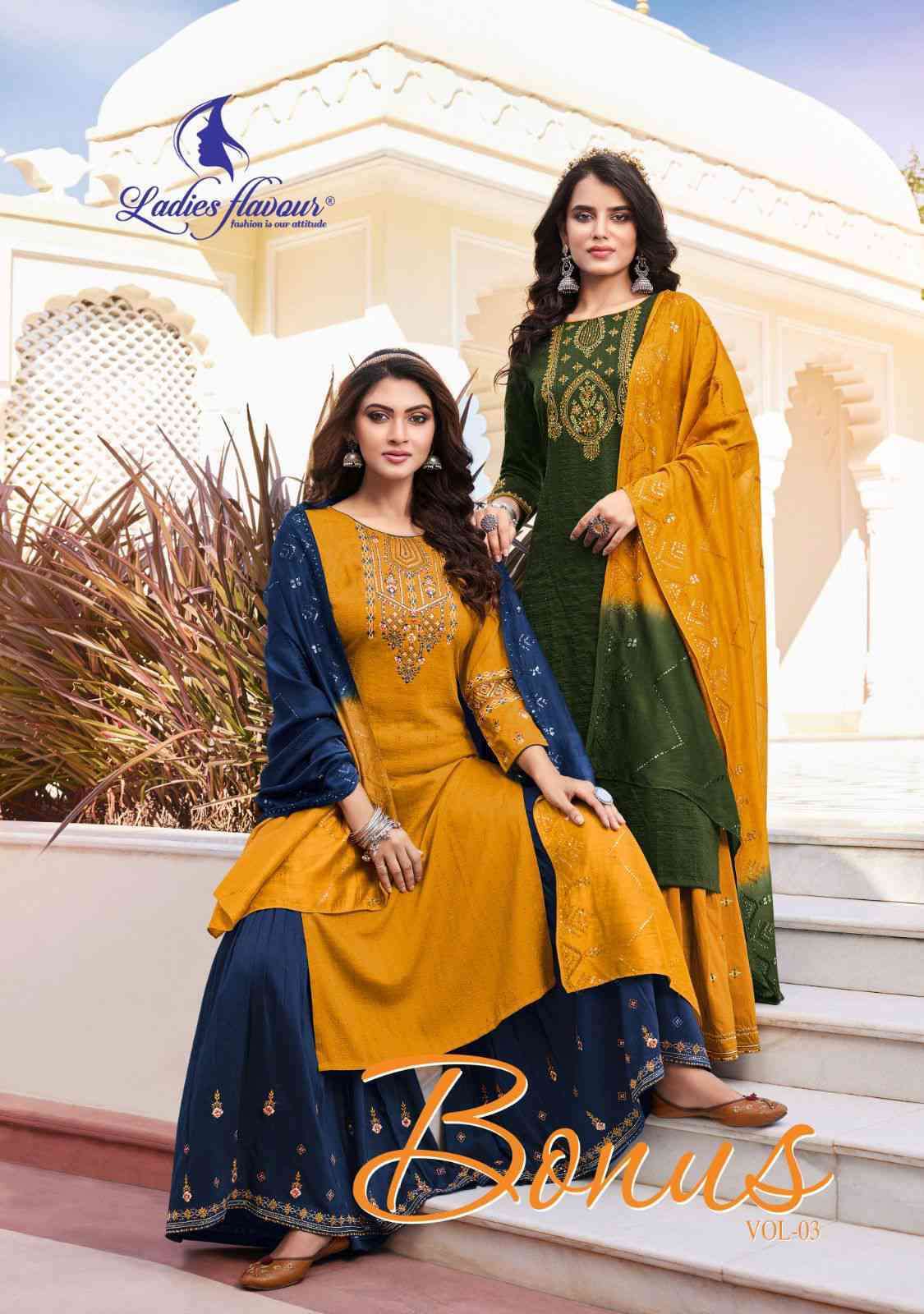LADIES FLAVOUR PRESENTS BONUS VOL-3 FANCY SHARARA STYLE KURTI WITH BOTTOM AND DUPPATA CATALOG WHOLESALER AND EXPORTER IN SURAT 