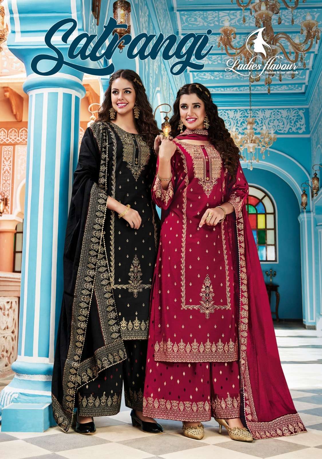 Ladies flavour presents Satrangi Cotton premium wedding prints kurtis with plazzo and dupatta collection 