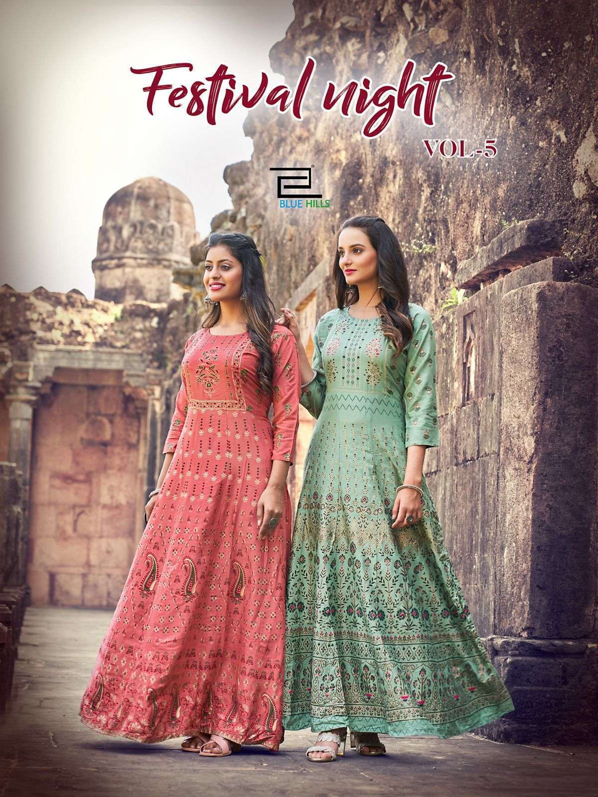 Blue hills presents Festival night vol-5 Rayon long designer gown style kurtis catalog collection 