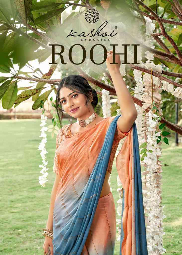 Kashvi creation presents Roohi satin fancy pending print sarees catalog wholesaler and exporters 