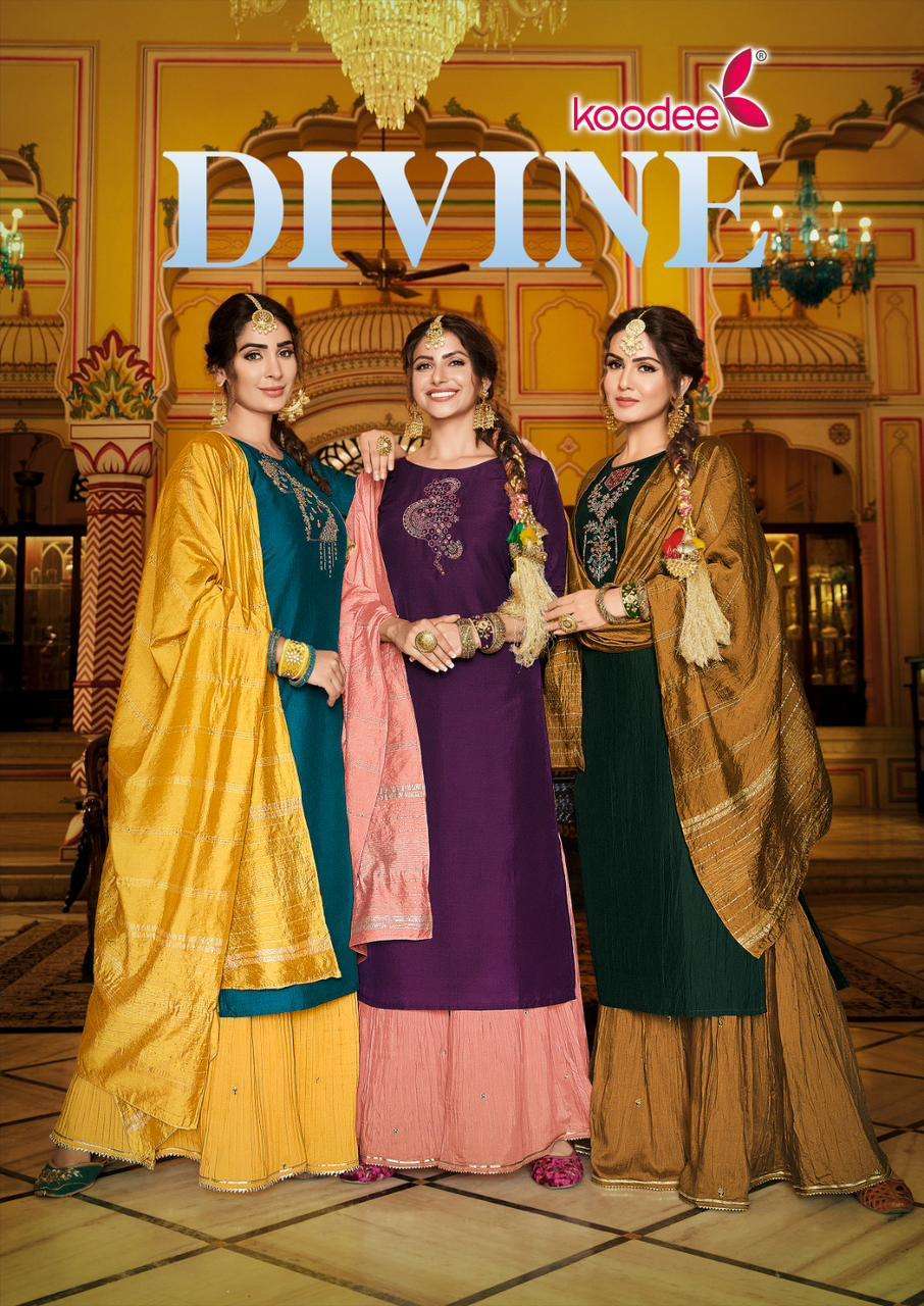 Koodee fashion presents Divine heavy chinon embroidery work kurtis with plazzo and dupatta catalog wholesaler and exporters 