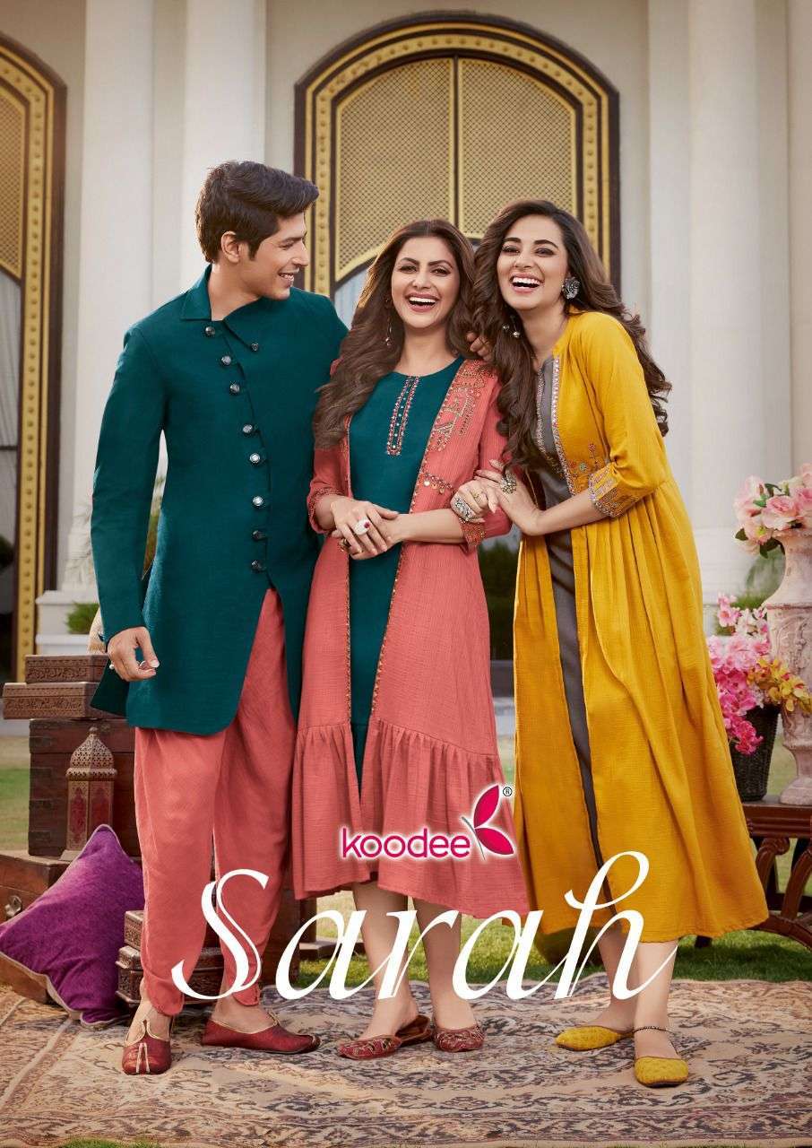 Koodee fashion presents Sarah chinon exclusive designer party wear kurtis with shrug concept catalog collection 