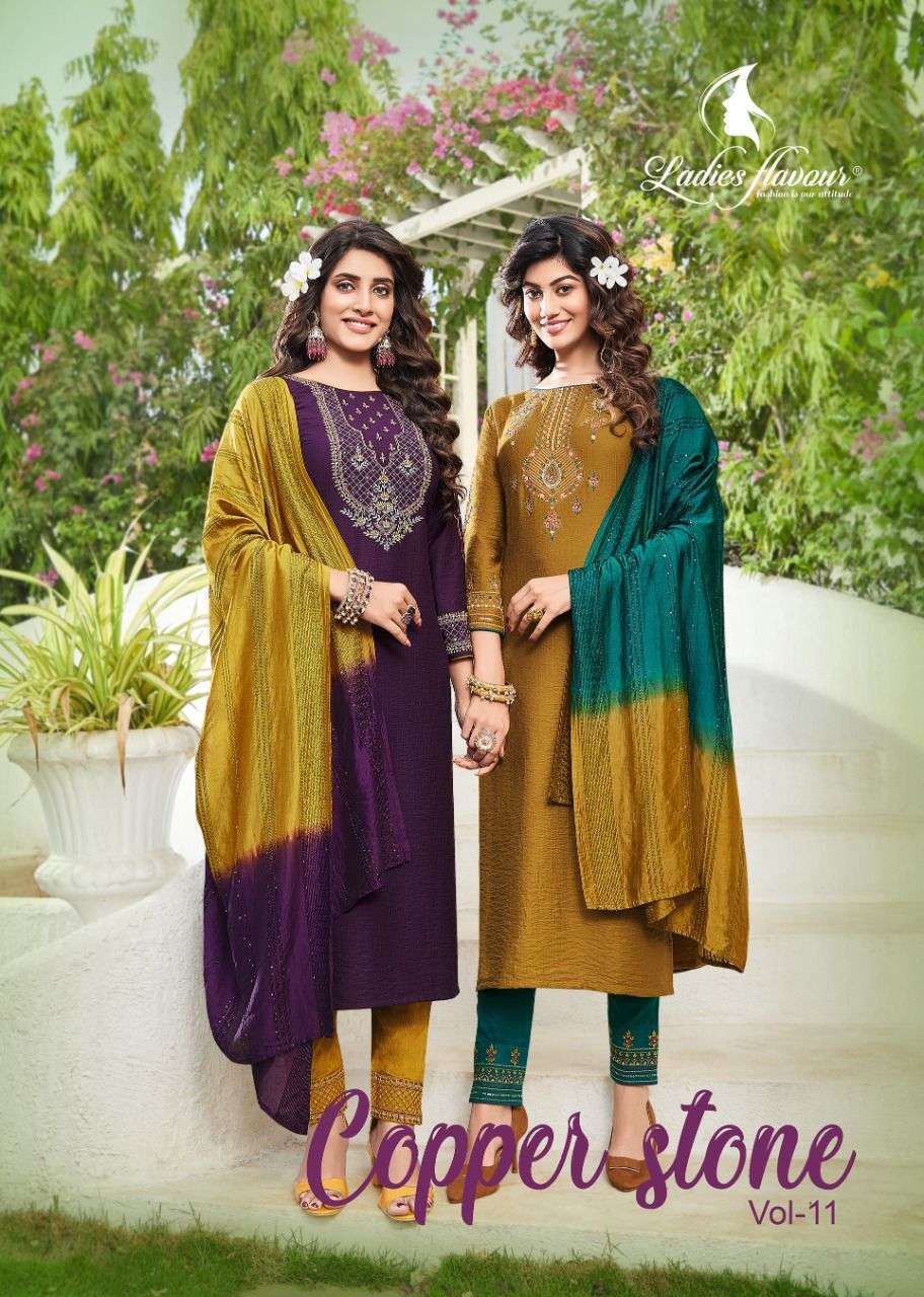 LADIES FLAVOUR PRESENTS COPPER STONE VOL-11 READYMADE TOP WITH BOTTOM AND DUPATTA KURTI CATALOG WHOLESALER