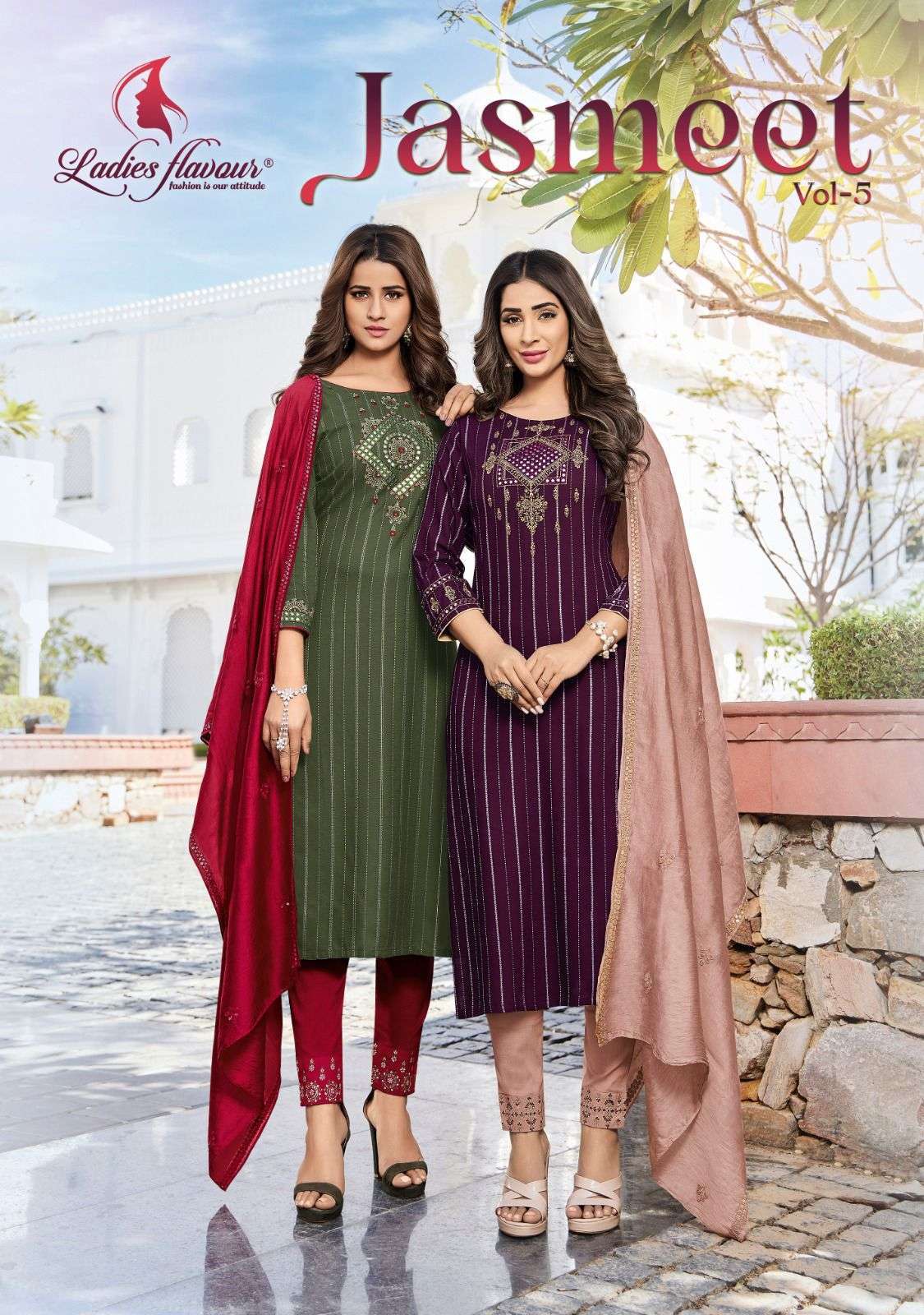 Ladies flavour presents Jasmeet vol-5 Rayon Weaving exclusive designer kurtis with pant and dupatta collection 