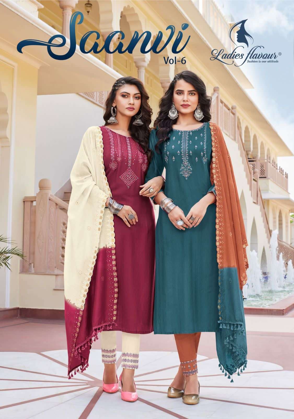 Ladies flavour presents Saanvi vol-6 Pure Rayon designer kurtis with pant and dupatta collection 
