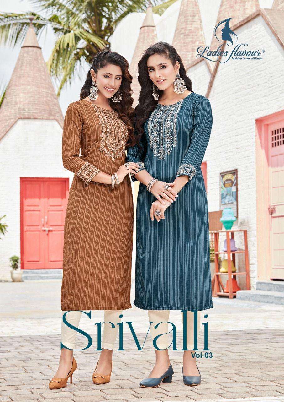 Ladies flavour presents Srivalli vol-3 designer rayon viscose straight kurtis catalog wholesaler 