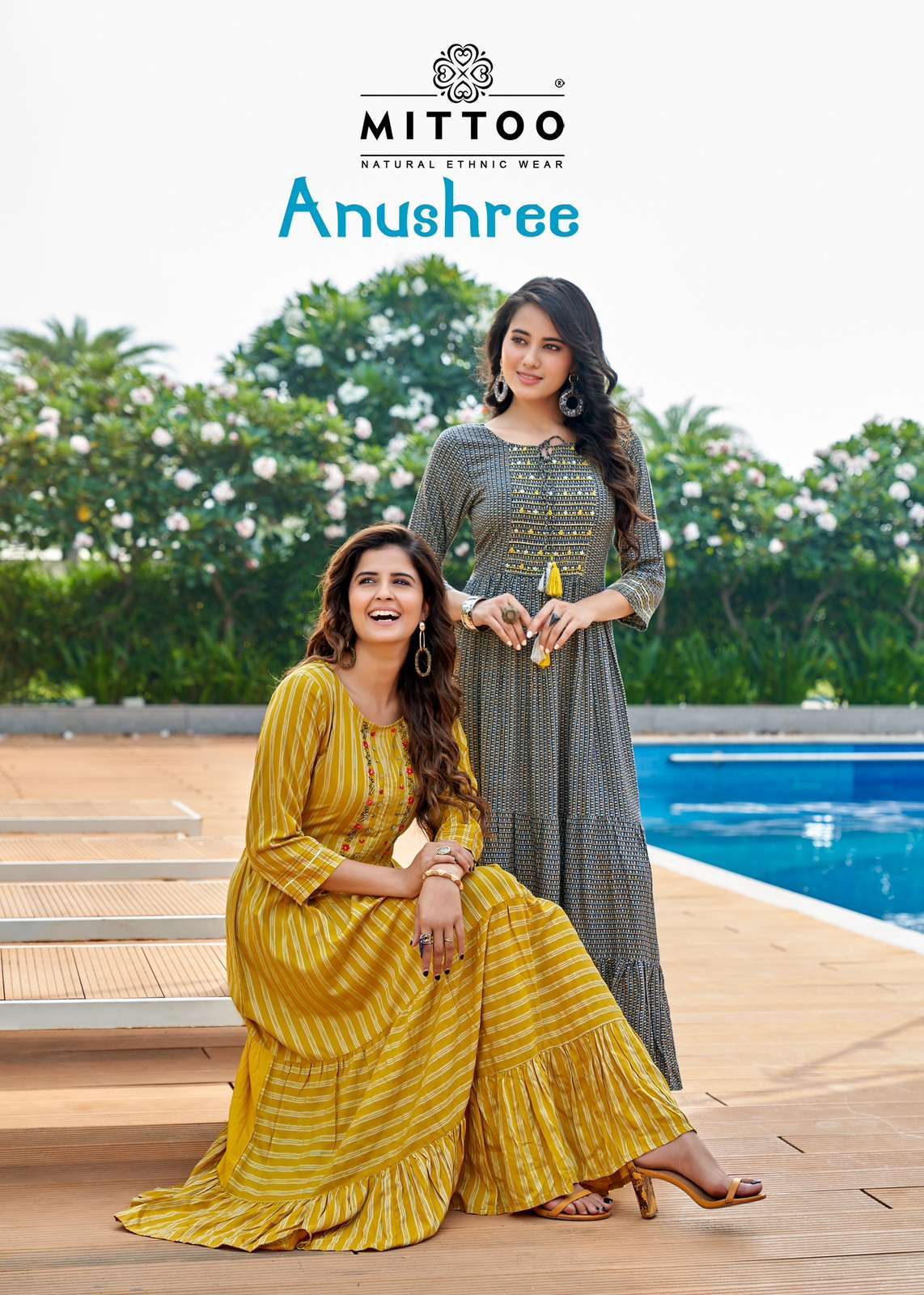  MITTOO PRESENTS ANUSHREE READYMADE RAYON WRINKLE PRINTED FANCY LONG GOWN STYLE KURTI CATALOG WHOLESALER AND EXPORTER IN SURAT 
