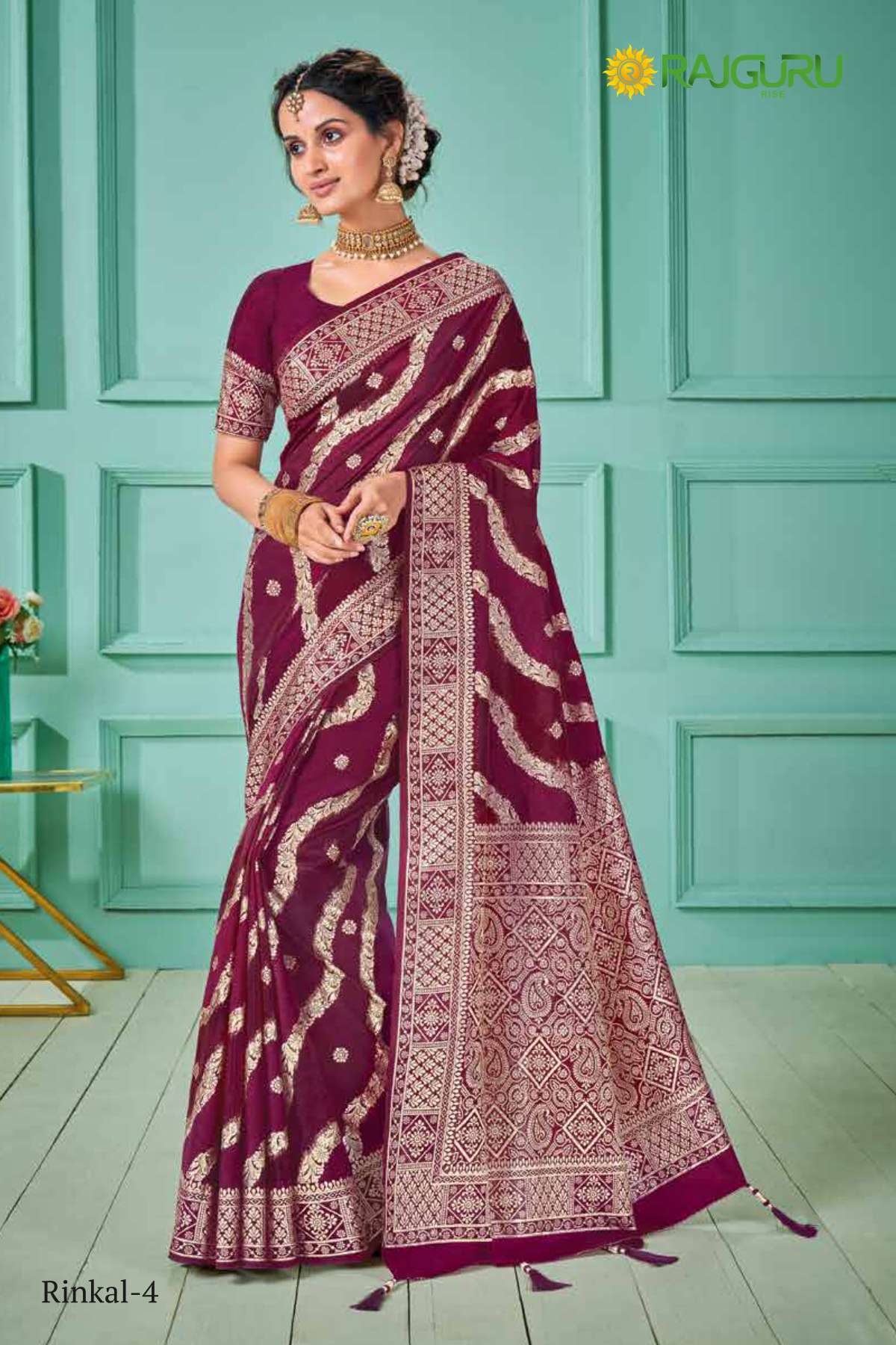 RAJGURU PRESENTS RINKAL DESIGNER PARTY WEAR FANCY FABRIC WITH DOUBLE BLOUSE SAREES CATALOG WHOLESALER AND EXPORTER IN SURAT